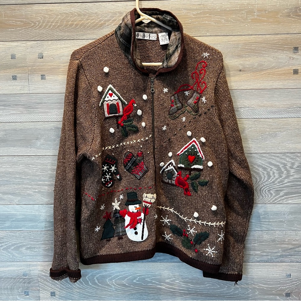 Vintage OHI Ugly Christmas Sweater Cardigan L Embroidered Wool Blend Full Zip